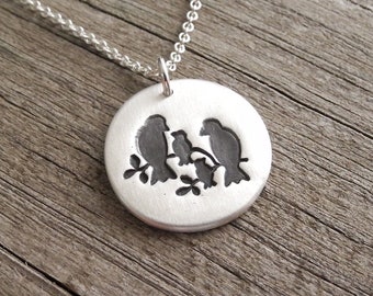 Bird Family of Four Necklace, Two Children, Mom, Dad, Two Babies, New Family Necklace, Fine Silver, Sterling Silver Chain, Made To Order