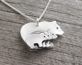 Mother and Three Baby Bears Necklace, Mom and Three Kids, Cubs, Three Children Jewelry, Fine Silver, Sterling Silver Chain, Made To Order