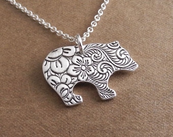 Bear Necklace, Flowered Grizzly Bear, Bear Charm, Fine Silver, Sterling Silver Chain, Ready To Ship