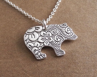 Bear Necklace, Flowered Grizzly Bear, Bear Charm, Fine Silver, Sterling Silver Chain, Made To Order