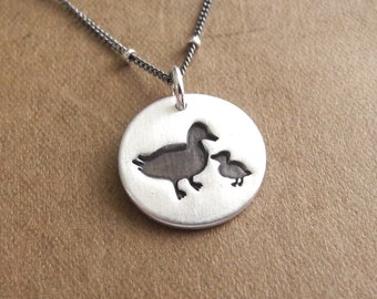 Small Mother and Baby Duck Necklace, New Mom Necklace, Mother and Child, Duckling, Fine Silver, Sterling Silver Chain, Made To Order