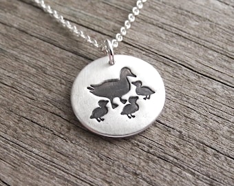 Mother and Three Baby Ducks Necklace, Ducklings, New Mom Necklace, Three Children Charm, Fine Silver, Sterling Silver Chain, Made To Order