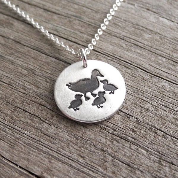 Mother and Three Baby Ducks Necklace, Ducklings, New Mom Necklace, Three Children Charm, Fine Silver, Sterling Silver Chain, Made To Order