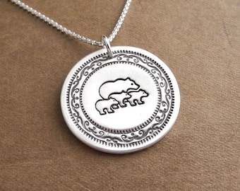 Mother Bear and Three Cubs Necklace, Mom and Three Kids, Three Children Jewelry, Fine Silver, Sterling Silver Chain, Made To Order