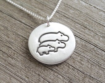 Hippo Family Necklace, Mom, Dad, Baby Hippo, Two Moms, Two Dads, New Family Necklace, Fine Silver, Sterling Silver Chain, Made To Order