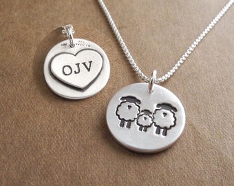 Personalized Small Sheep Family of Three Necklace, Mom Dad Baby, Engraved Heart, Fine Silver, Sterling Silver Chain, Made To Order