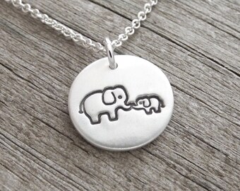 Small Mother and Baby Elephant Necklace, New Mom Necklace, Mother and Child Jewelry, Fine Silver, Sterling Silver Chain, Made To Order