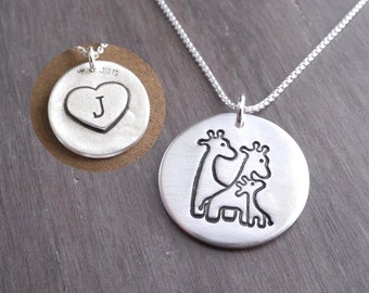 Personalized Giraffe Family of Three Necklace, Mom, Dad, Baby, Engraved Heart, Fine Silver, Sterling Silver Chain, Made To Order