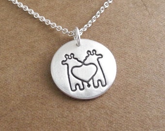 Small Twin Giraffe Necklace, Mini Giraffe Twins Necklace, Fine Silver, Sterling Silver Chain, Made To Order