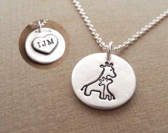 Personalized Small Mother and Baby Giraffe Necklace, New Mom Necklace, Engraved Heart, Fine Silver, Sterling Silver Chain, Made To Order