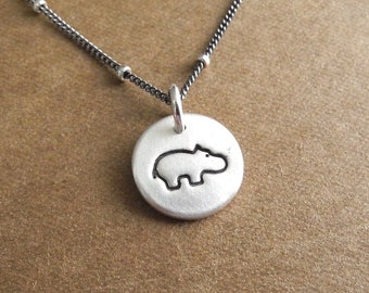 Teeny Tiny Hippo Necklace, Tiny Baby Hippo Necklace, Fine Silver, Sterling Silver Chain, Made To Order