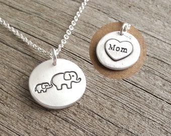 Elephant Necklace, Mother and Baby, Small Personalized, New Mom Necklace, Engraved Heart, Fine Silver, Sterling Silver Chain, Made To Order