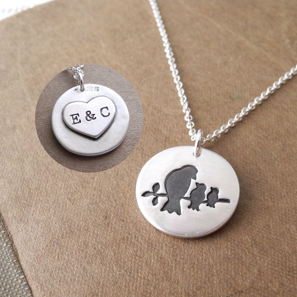 Personalized Mother and Two Baby Birds Necklace, Two Kids Children, Engraved Heart, Fine Silver, Sterling Silver Chain, Made To Order