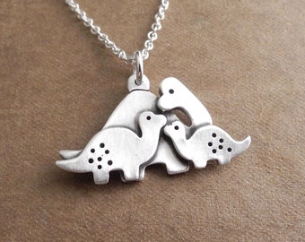 Mother and Two Baby Dinosaurs Necklace, Mom and Two Kids, Fine Silver, Sterling Silver Chain, Made To Order