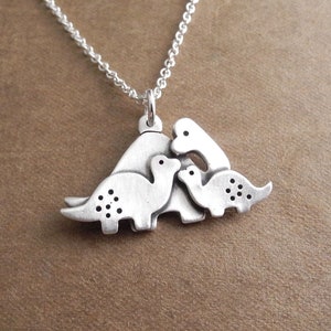 Mother and Two Baby Dinosaurs Necklace, Mom and Two Kids, Fine Silver, Sterling Silver Chain, Made To Order image 1