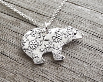 Silver Polar Bear Necklace, Fine Silver Flowering Vine Polar Bear, Sterling Silver Chain, Made To Order