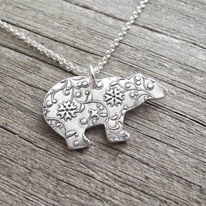 Silver Polar Bear Necklace, Fine Silver Flowering Vine Polar Bear, Sterling Silver Chain, Made To Order image 1