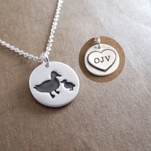 Personalized Small Mother and Baby Duck Necklace, New Mom Necklace, Engraved Heart, Fine Silver, Sterling Silver Chain, Made To Order