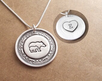 Personalized Mother and Baby Bear Necklace, Mama Bear and Cub, New Mom, Engraved Heart, Fine Silver, Sterling Silver Chain, Made To Order