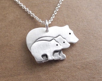 Mother and Two Baby Bears Necklace, Mama Bear, Mom and Two Kids, Two Children Jewelry, Fine Silver, Sterling Silver Chain, Made To Order