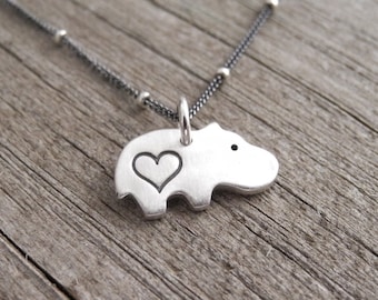 Tiny Heart Hippo Necklace, Baby Hippo Love, Tiny Hippo Charm, Hippo Pendant, Fine Silver, Sterling Silver Chain, Made To Order