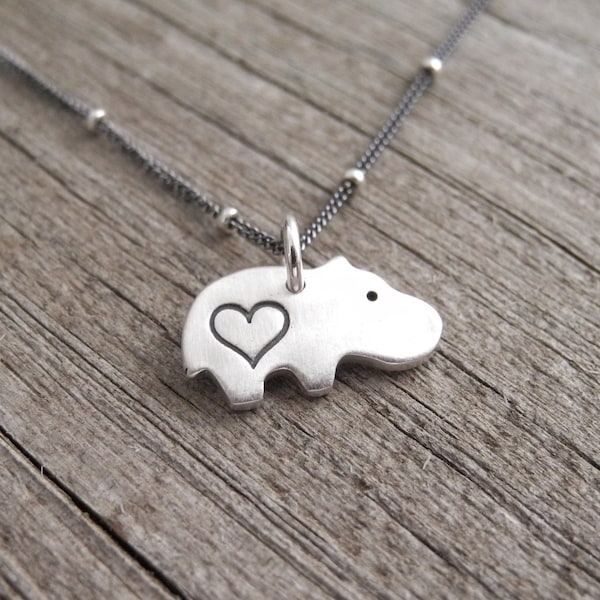 Tiny Heart Hippo Necklace, Baby Hippo Love, Tiny Hippo Charm, Hippo Pendant, Fine Silver, Sterling Silver Chain, Made To Order