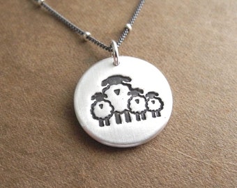 Mother Sheep and Three Lambs Necklace, Sheep Family, Family of Four, Three Children, Fine Silver, Sterling Silver Chain, Made To Order