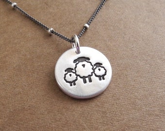 Tiny Mother and Twin Sheep Necklace, Mom and Two Kids, Ewe and Two Lambs, Fine Silver, Sterling Silver Chain, Made To Order