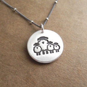 Mother Sheep and Three Lambs Necklace, Sheep Family, Family of Four, Three Children, Fine Silver, Sterling Silver Chain, Made To Order