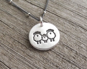 Tiny Sheep Family Necklace, Ewe, Lamb, Ram Jewelry, New Family Necklace, Fine Silver, Sterling Silver Chain, Made To Order