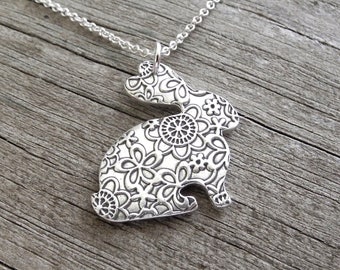 Rabbit Necklace, Flowered Rabbit, Bunny Necklace, Fine Silver, Sterling Silver Chain, Made To Order