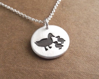 Small Mother and Two Ducklings Necklace, Mom and Two Kids, New Mom Jewelry, Twin Ducks, Fine Silver, Sterling Silver Chain, Made To Order