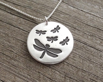 Mother and Four Baby Dragonflies Necklace, Mom and Four Children, Dragonfly Necklace, Fine Silver, Sterling Silver Chain, Ready To Ship