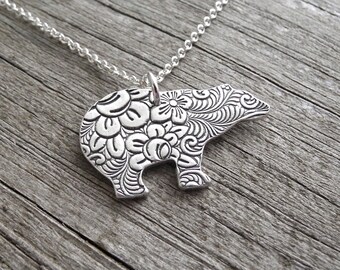 Silver Polar Bear Necklace, Fine Silver Flowered Polar Bear, Sterling Silver Chain, Made To Order
