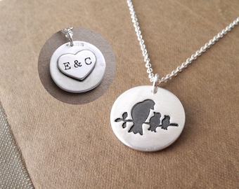Personalized Mother and Two Baby Birds Necklace, Two Kids Children, Engraved Heart, Fine Silver, Sterling Silver Chain, Made To Order
