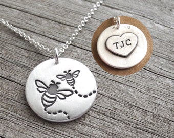 Personalized Mother and Baby Bee Necklace, New Mom, Engraved Heart, Fine Silver, Sterling Silver Chain, Made To Order