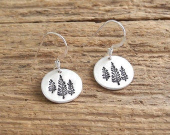 Pine Tree Earrings, Fine Silver, Sterling Silver Ear Wires, Tiny Round Trio of Pines, Ready To Ship