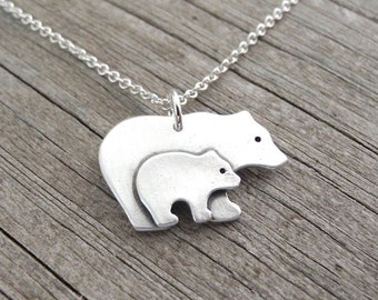 Mother and Baby Bear Necklace, New Mom Necklace, Mother and Child Jewelry, Fine Silver, Sterling Silver Chain, Made To Order