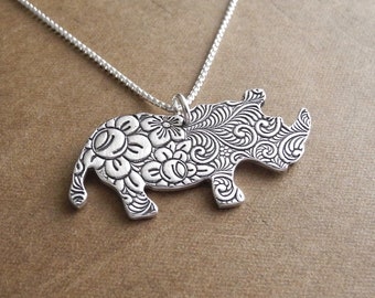 Rhino Necklace, Flowered Rhino Necklace, Fine Silver, Sterling Silver Chain, Made To Order