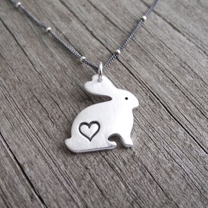 Small Rabbit Love Necklace, Bunny Love, Silver Rabbit with Heart, Fine Silver, Sterling Silver Chain, Made To Order