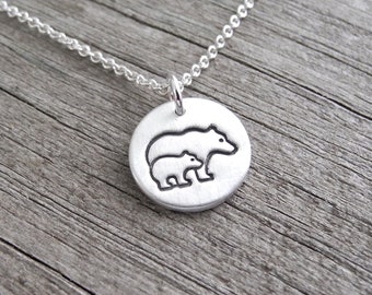 Tiny Mother and Baby Bear Necklace, Bear and Cub, New Mom Necklace, Fine Silver, Sterling Silver Chain, Made To Order