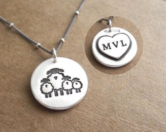 Personalized Mother Sheep and Three Lambs Necklace, Family of Four, Lambs, Engraved Heart, Fine Silver, Sterling Silver Chain, Made To Order