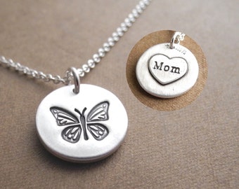 Personalized Butterfly Necklace, Small Butterfly Pendant, Engraved Heart, Fine Silver, Sterling Silver Chain, Made To Order