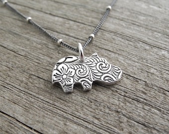 Tiny Hippo Necklace, Flowered Baby Hippo, Fine Silver, Sterling Silver Chain, Made To Order