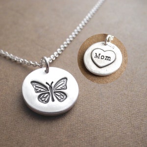 Personalized Butterfly Necklace, Small Butterfly Pendant, Engraved Heart, Fine Silver, Sterling Silver Chain, Made To Order