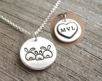 Personalized Small Rabbit Family Necklace, Mom Dad Baby, Family of Three, Engraved Heart, Fine Silver, Sterling Silver Chain, Made To Order
