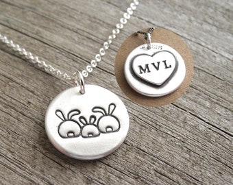 Personalized Small Rabbit Family Necklace, Mom Dad Baby, Family of Three, Engraved Heart, Fine and Sterling Silver, Made To Order