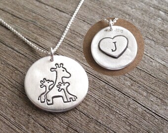 Personalized Mother and Twin Giraffe Necklace, New Mom, Two Children, Engraved Heart, Fine Silver, Sterling Silver Chain, Made To Order