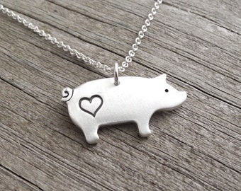Pig Love Necklace, I Love Pigs Necklace, Fine Silver, Sterling Silver Chain, Made To Order