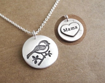 Personalized Chickadee Necklace, Chickadee Charm, Engraved Heart, Fine Silver, Sterling Silver Chain, Made To Order